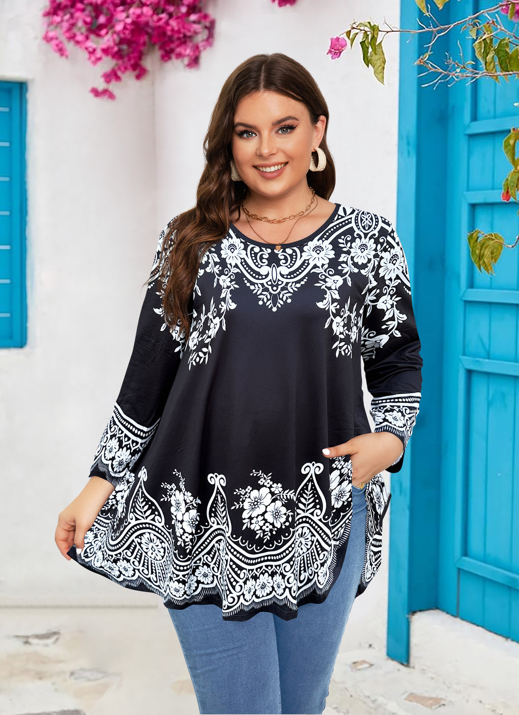 Womens Tunic Tops 3/4 Sleeve Plus Size Crew Neck Swing Flare Loose Fit T-Shirt Blouses to Wear with Leggings