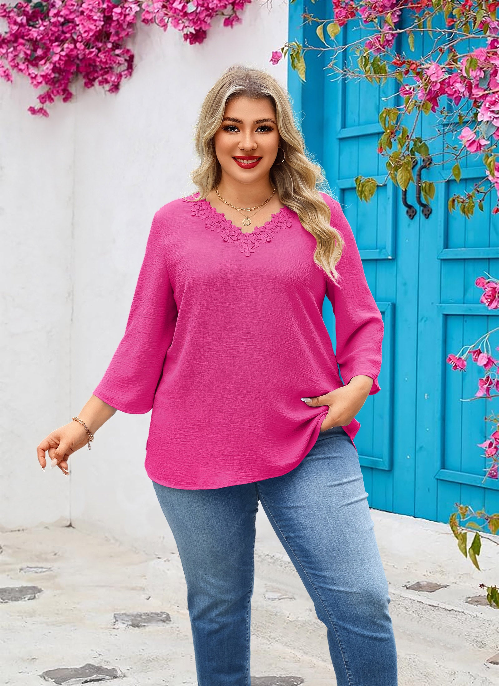 Womens Plus Size Blouses Dressy Casual 3/4 Sleeve Elegant V Neck Floral Trim Ladies Tunics Tops