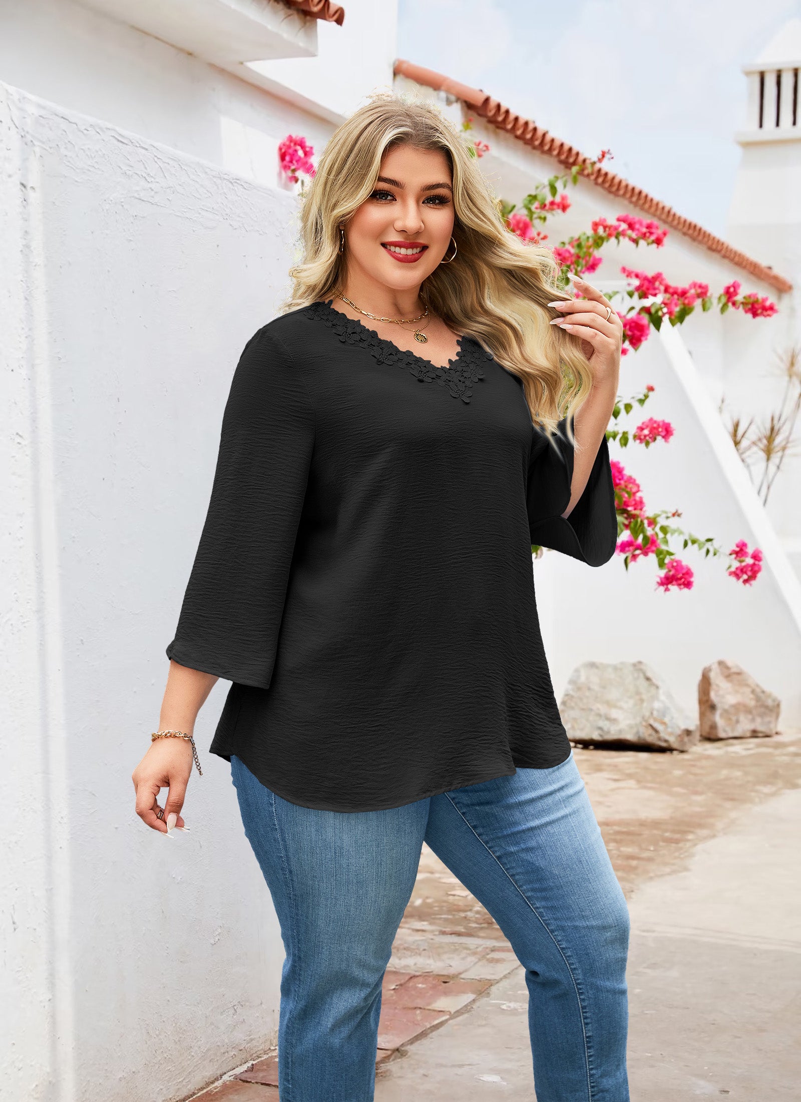 Womens Plus Size Blouses Dressy Casual 3/4 Sleeve Elegant V Neck Floral Trim Ladies Tunics Tops