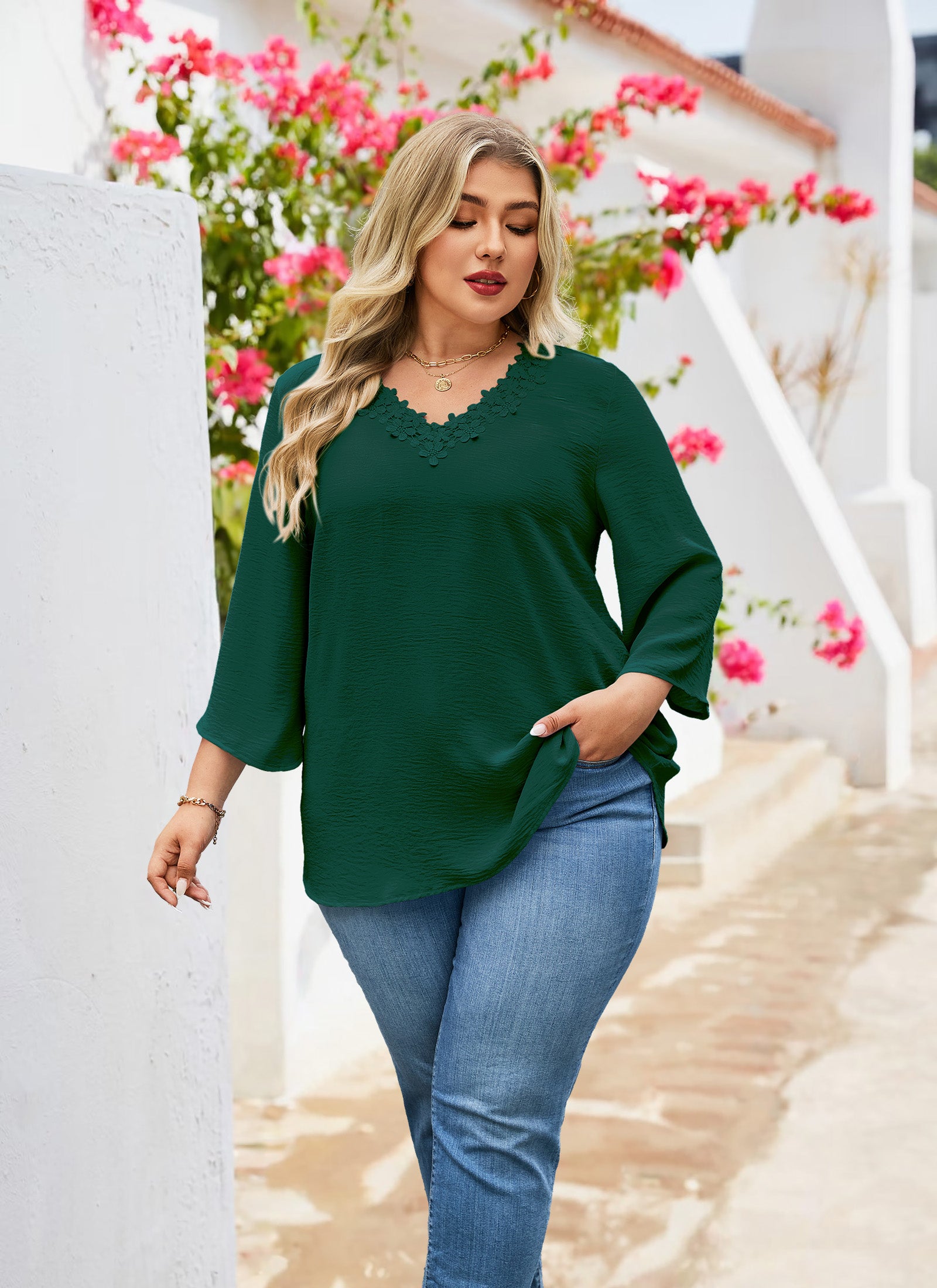 Womens Plus Size Blouses Dressy Casual 3/4 Sleeve Elegant V Neck Floral Trim Ladies Tunics Tops