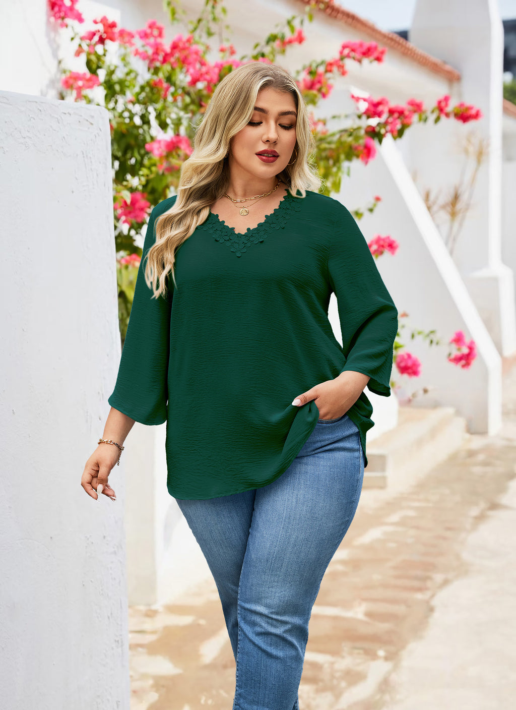 Womens Plus Size Blouses Dressy Casual 3/4 Sleeve Elegant V Neck Floral Trim Ladies Tunics Tops