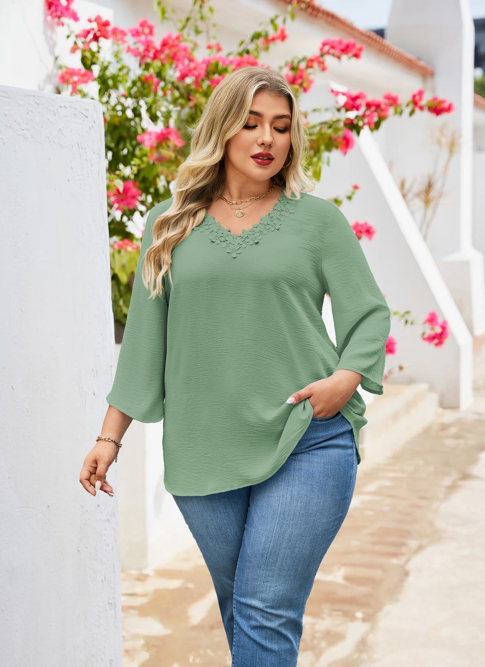 Womens Plus Size Blouses Dressy Casual 3/4 Sleeve Elegant V Neck Floral Trim Ladies Tunics Tops