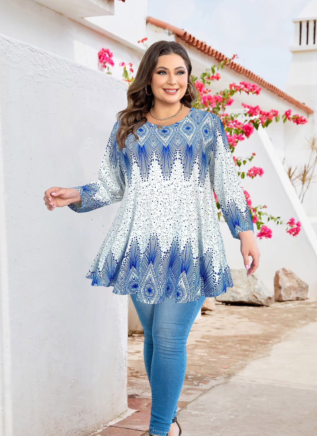 Tunic Tops for Women Plus Size 3/4 Sleeve Crew Neck Swing Flare Loose T-Shirt Blouses to Wear with Leggings