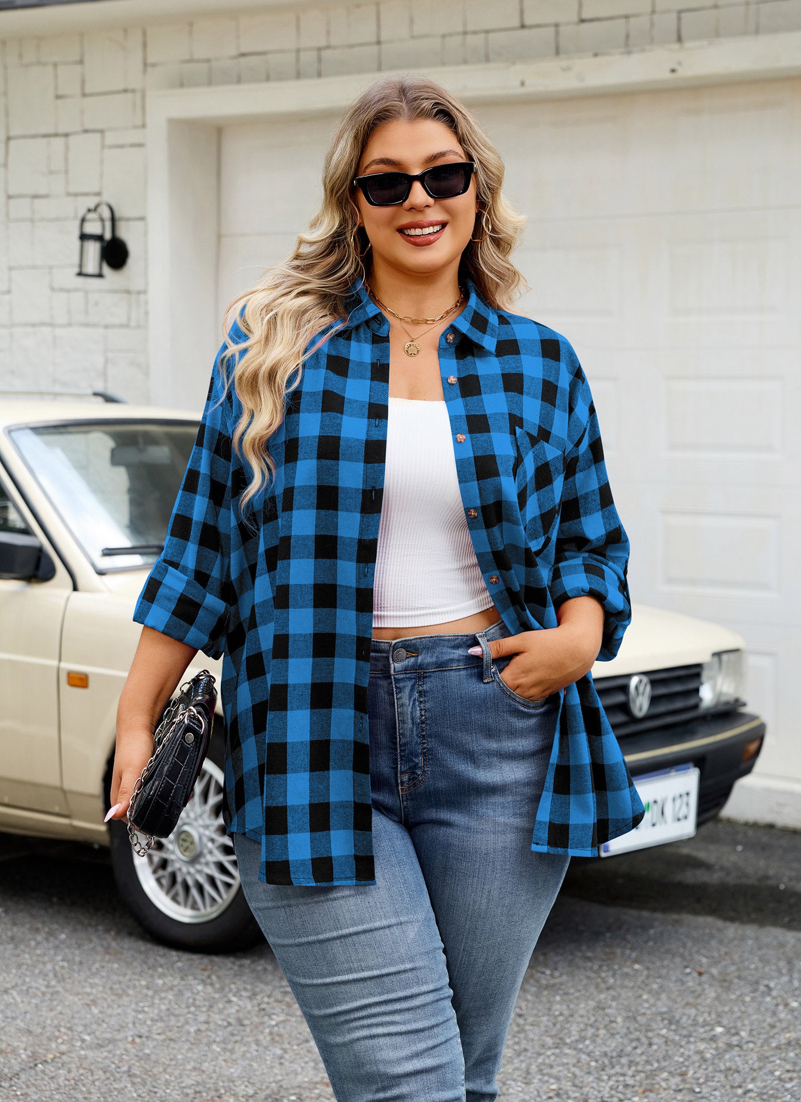 Womens Plus Size Flannel Shirts Long Sleeve Button Down Plaid Shirt Roll Up Oversize Checkered Blouse Top Fall