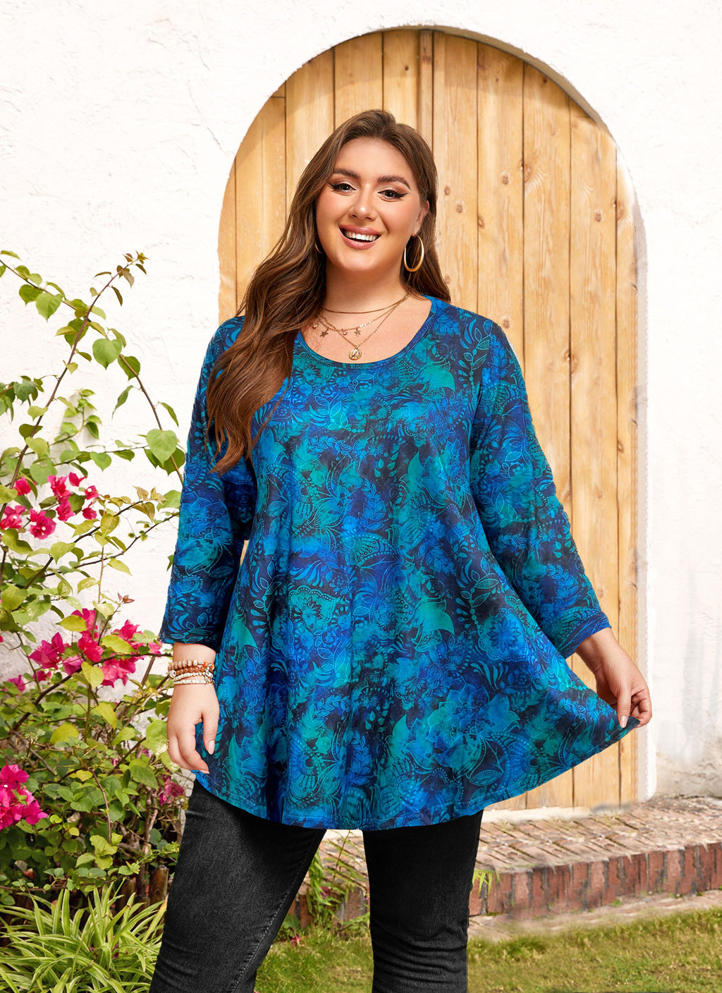 Womens Tunic 3/4 Sleeve Plus Size Tops Crew Neck Swing Flowy Loose Fit T-Shirt Blouses to Wear with Leggings