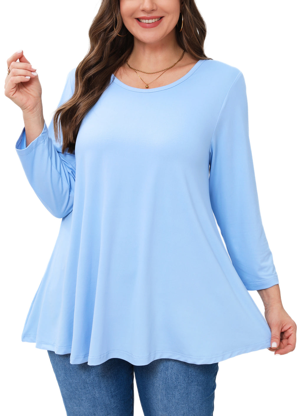 Womens Tunic Tops 3/4 Sleeve Plus Size Crew Neck Swing Flare Loose Fit T-Shirt Blouses to Wear with Leggings