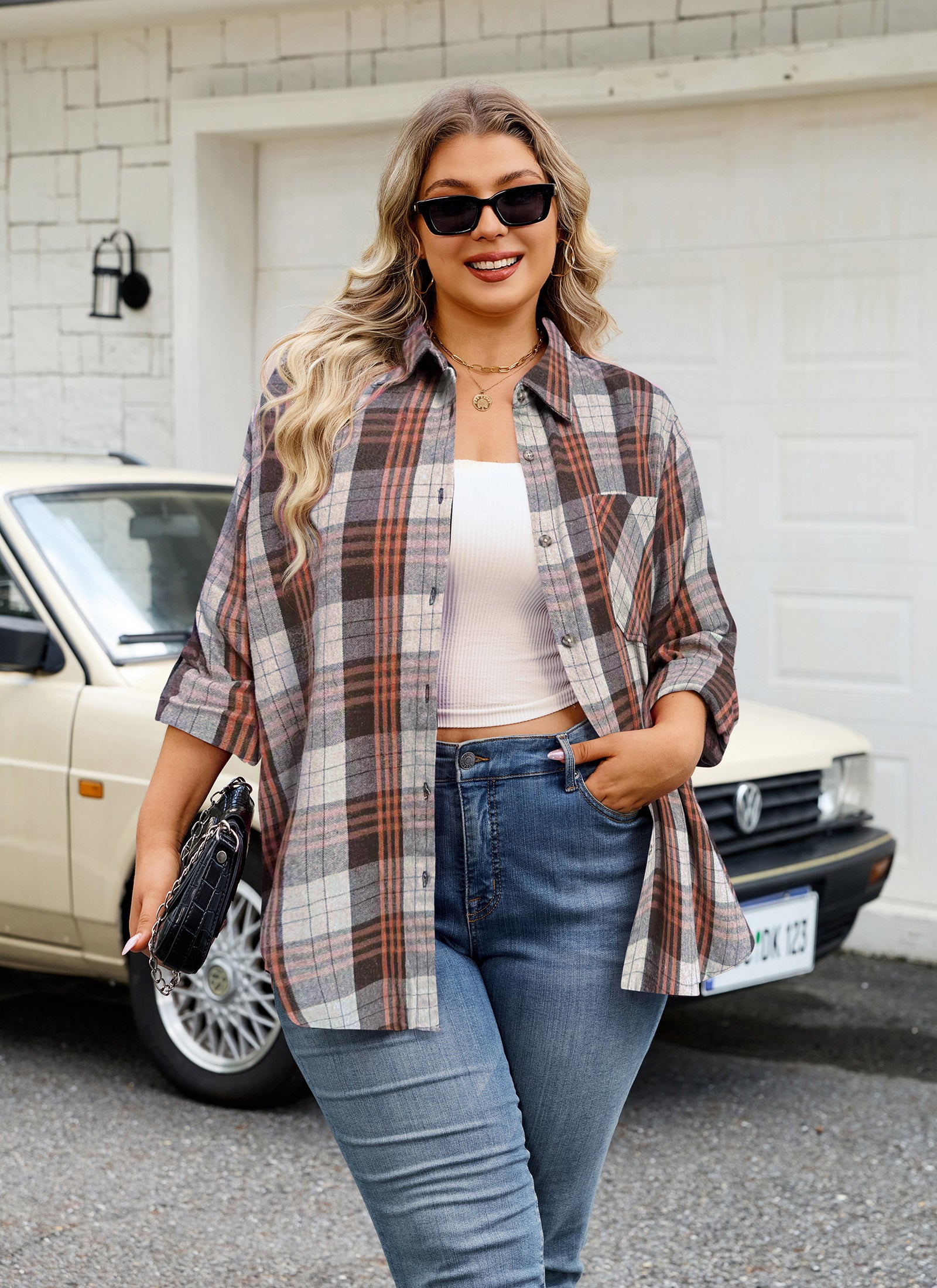 Womens Plus Size Flannel Shirts Long Sleeve Button Down Plaid Shirt Roll Up Oversize Checkered Blouse Top Fall