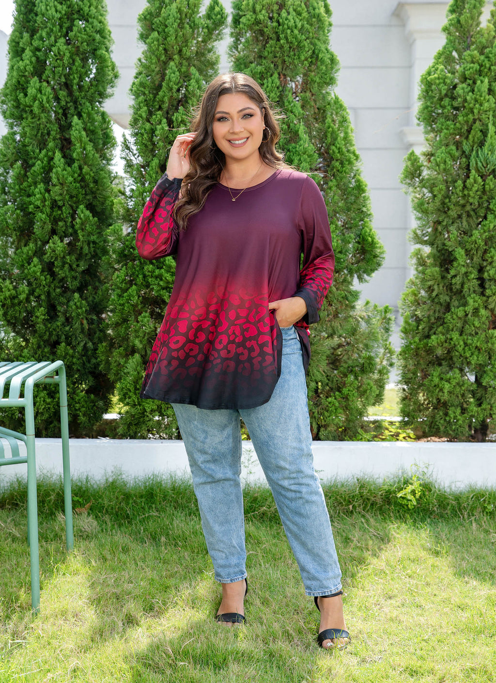 Womens Tunic 3/4 Sleeve Plus Size Tops Crew Neck Swing Flowy Loose Fit T-Shirt Blouses to Wear with Leggings