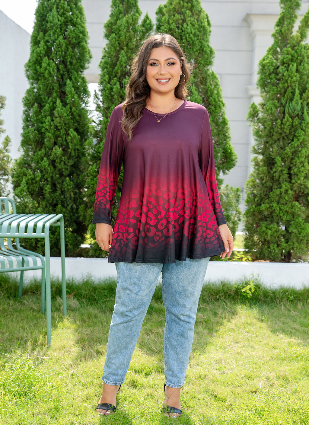 Womens Tunic 3/4 Sleeve Plus Size Tops Crew Neck Swing Flowy Loose Fit T-Shirt Blouses to Wear with Leggings
