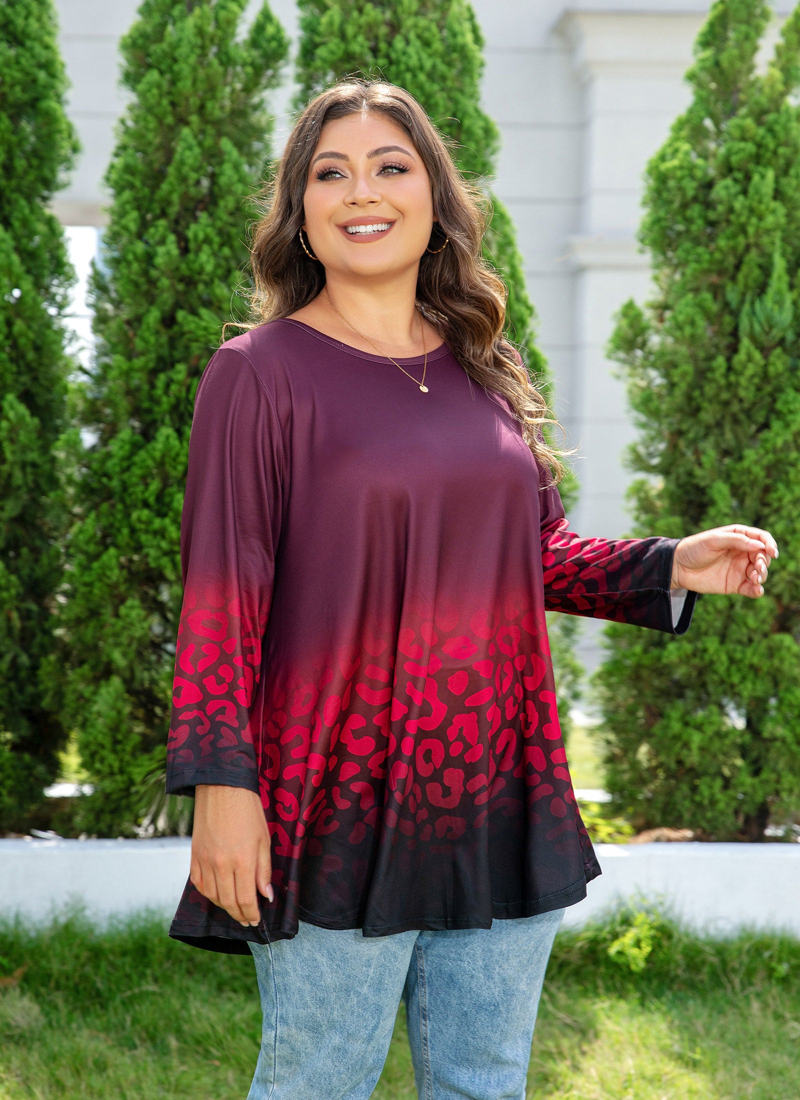 Womens Tunic 3/4 Sleeve Plus Size Tops Crew Neck Swing Flowy Loose Fit T-Shirt Blouses to Wear with Leggings