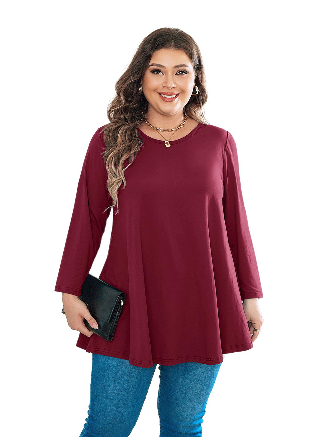 Womens Tunic Tops 3/4 Sleeve Plus Size Crew Neck Swing Flare Loose Fit T-Shirt Blouses to Wear with Leggings
