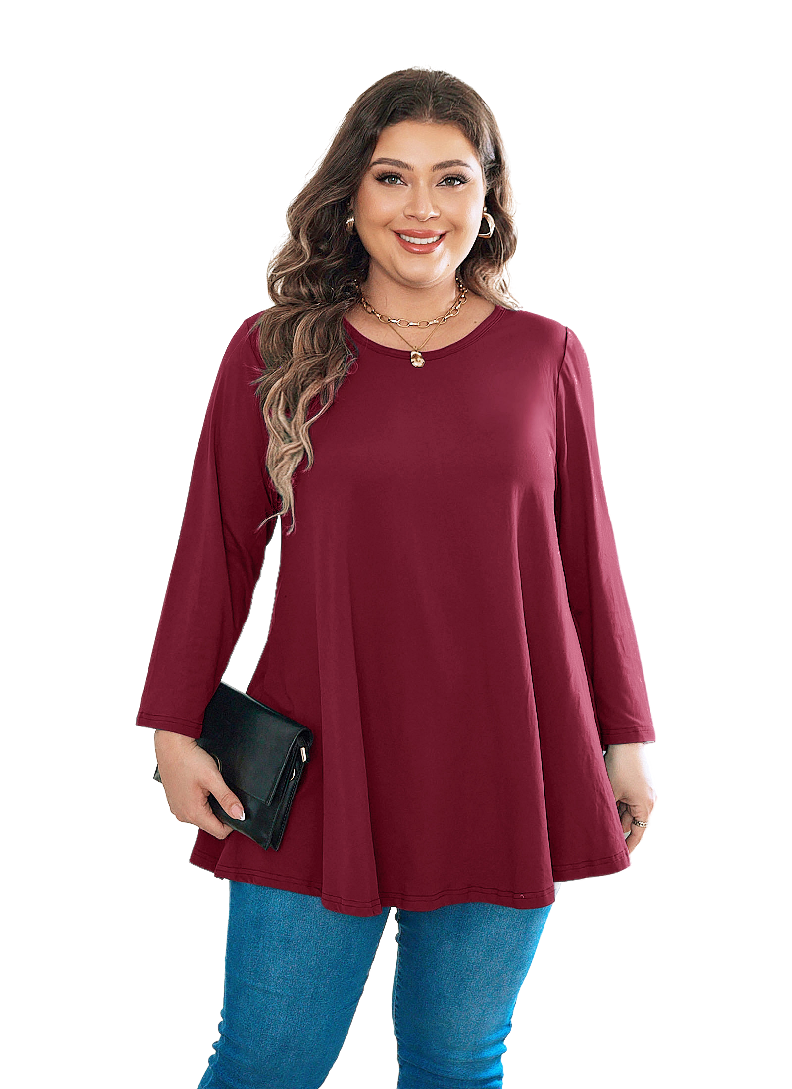 Womens Tunic Tops 3/4 Sleeve Plus Size Crew Neck Swing Flare Loose Fit T-Shirt Blouses to Wear with Leggings