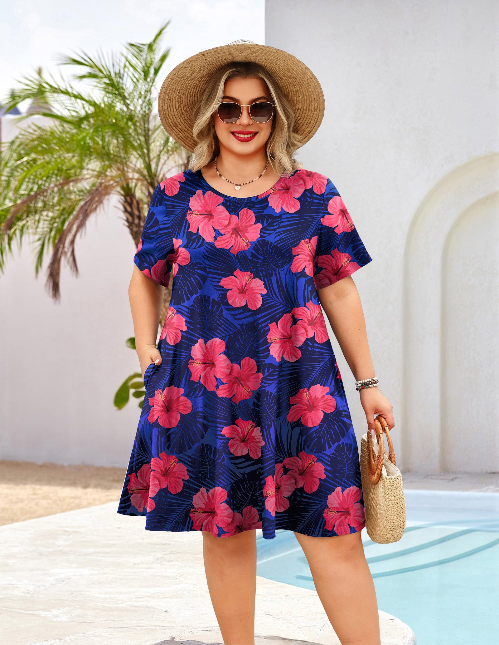 Women's Casual T-Shirt Dress Plus Size Summer Short Sleeve Crewneck Swing Dresses Beach Vacation