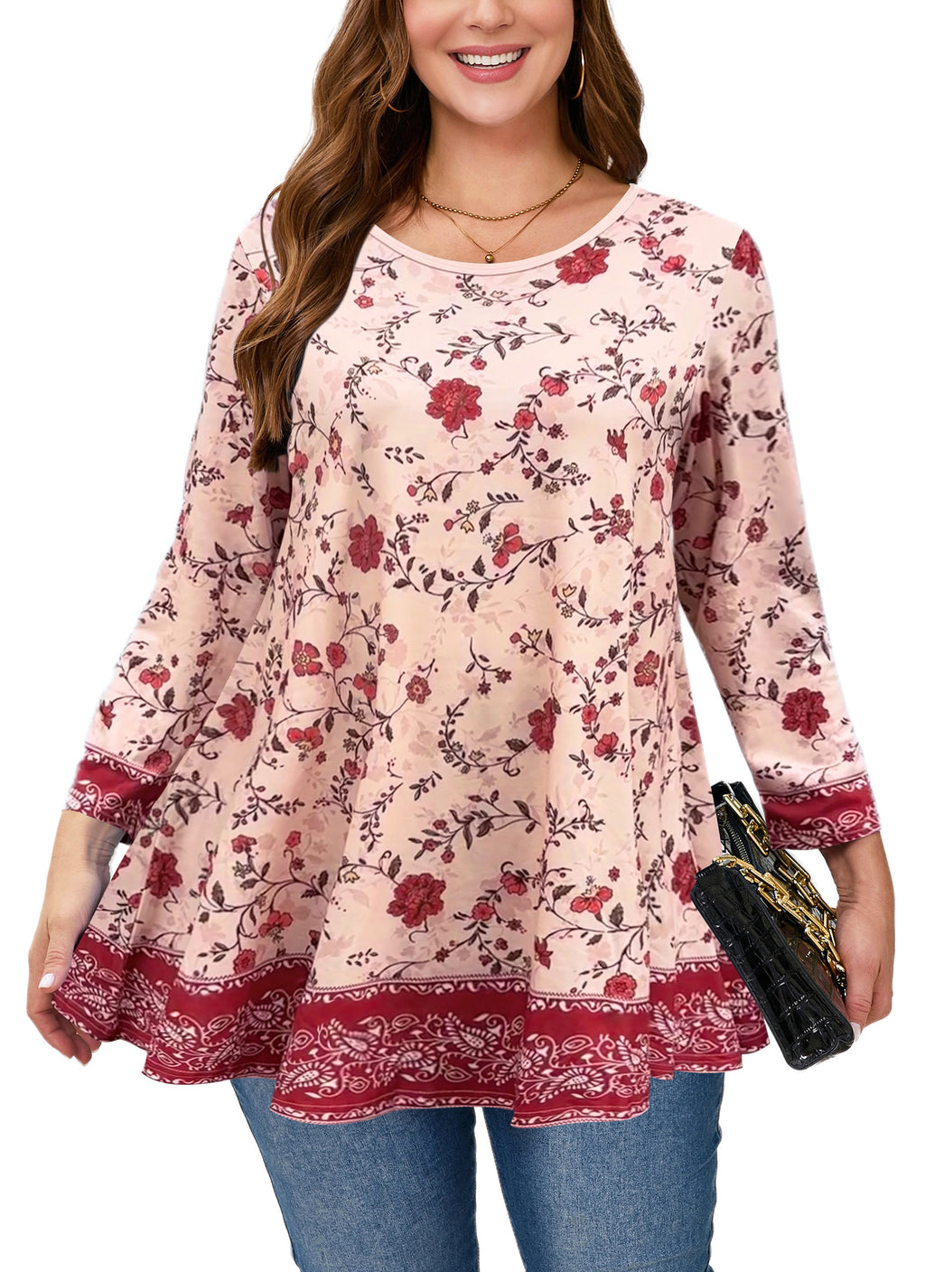 Womens Tunic 3/4 Sleeve Plus Size Tops Crew Neck Swing Flowy Loose Fit T-Shirt Blouses to Wear with Leggings