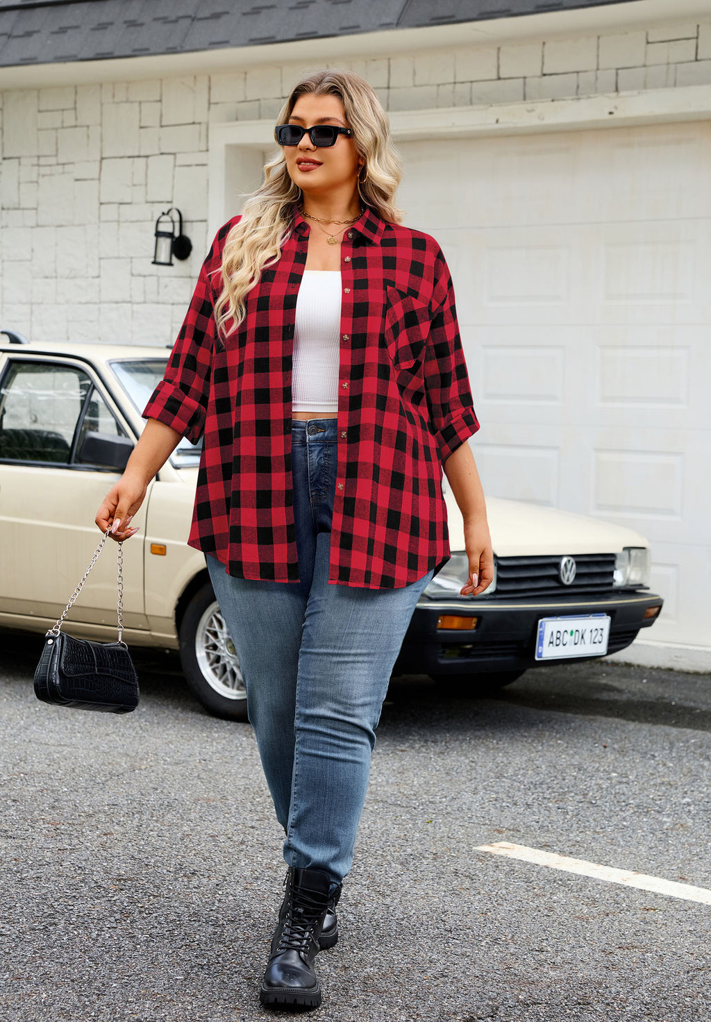 Womens Plus Size Flannel Shirts Long Sleeve Button Down Plaid Shirt Roll Up Oversize Checkered Blouse Top Fall