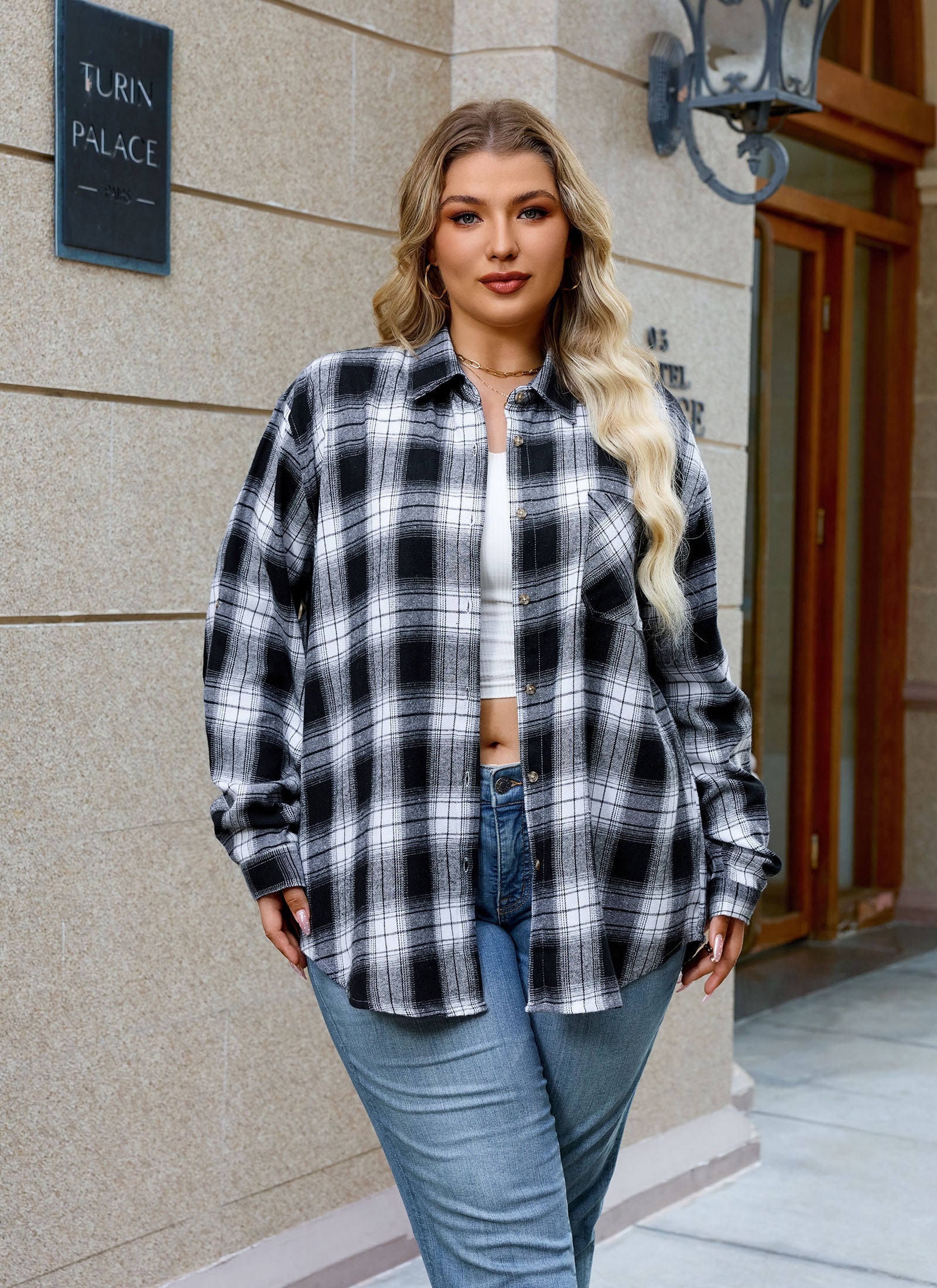 Womens Plus Size Flannel Shirts Long Sleeve Button Down Plaid Shirt Roll Up Oversize Checkered Blouse Top Fall