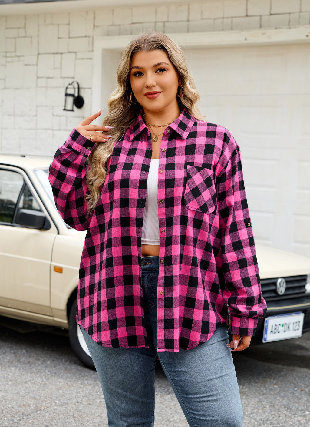 Womens Plus Size Flannel Shirts Long Sleeve Button Down Plaid Shirt Roll Up Oversize Checkered Blouse Top Fall