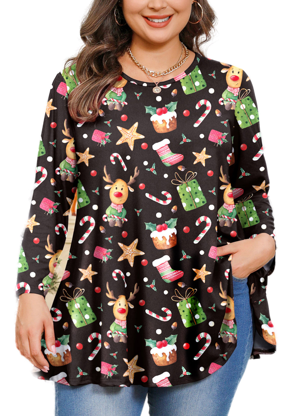 Womens Tunic Tops 3/4 Sleeve Plus Size Crew Neck Swing Flare Loose Fit T-Shirt Blouses to Wear with Leggings
