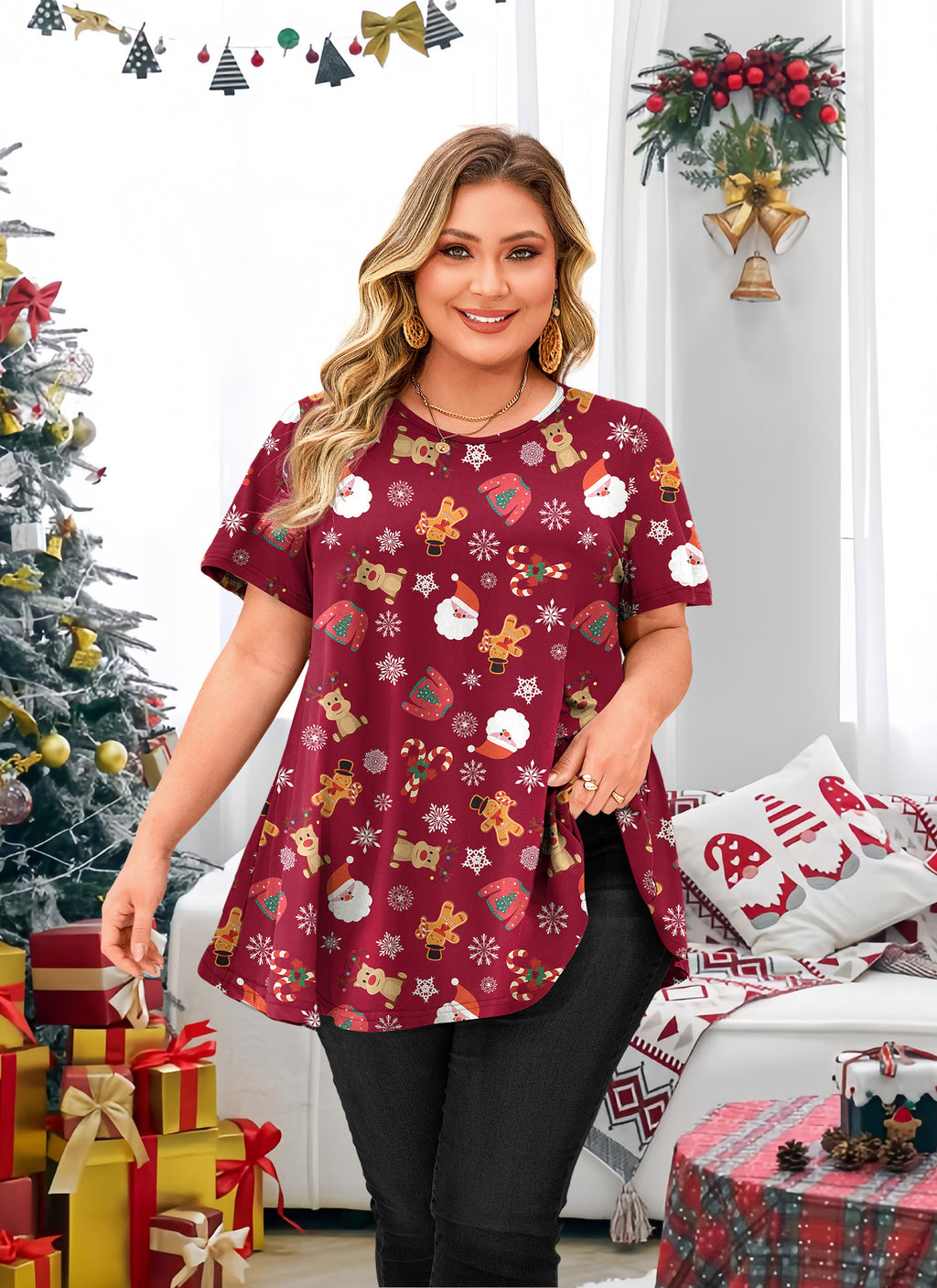 Tunic Tops for Women Plus Size Short Sleeve Crew Neck Swing Flare Loose T-Shirt Blouses to Wear with Leggings