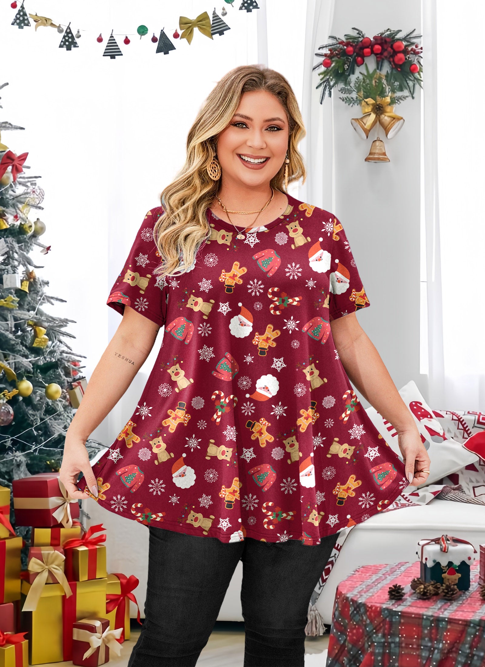 Tunic Tops for Women Plus Size Short Sleeve Crew Neck Swing Flare Loose T-Shirt Blouses to Wear with Leggings