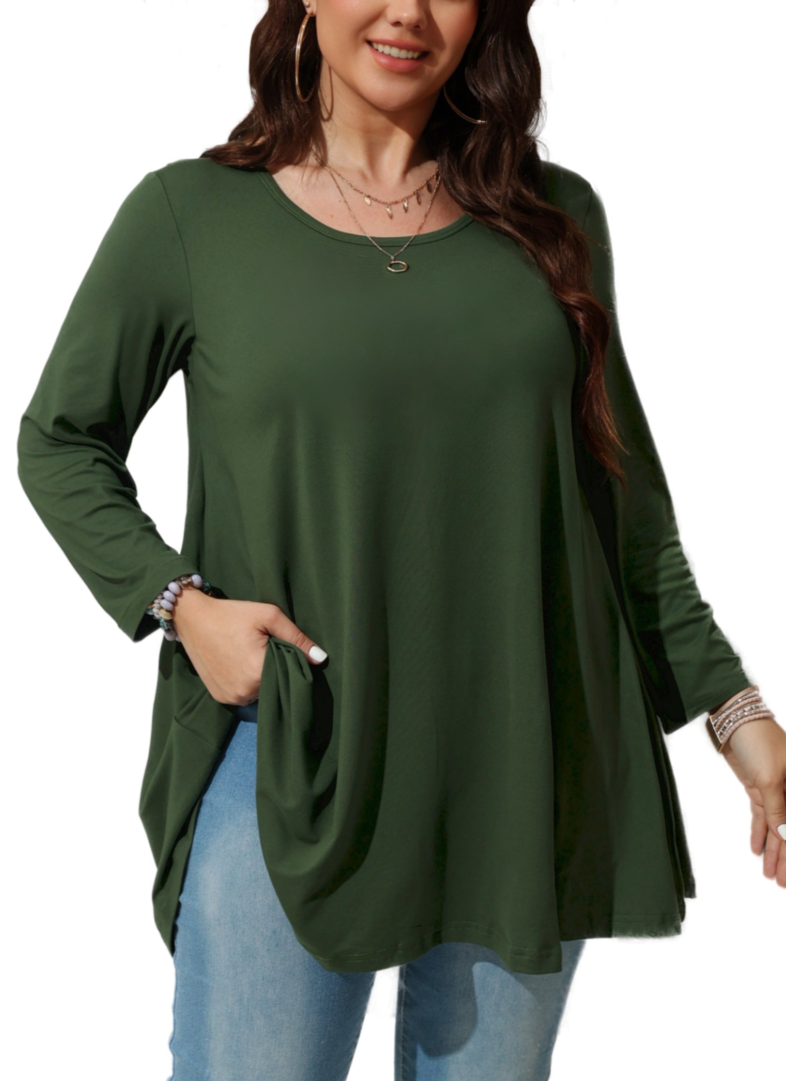 Womens Tunic Tops 3/4 Sleeve Plus Size Crew Neck Swing Flare Loose Fit T-Shirt Blouses to Wear with Leggings