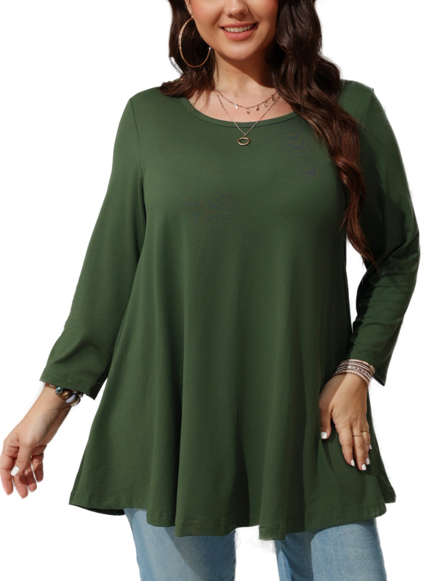 Womens Tunic Tops 3/4 Sleeve Plus Size Crew Neck Swing Flare Loose Fit T-Shirt Blouses to Wear with Leggings