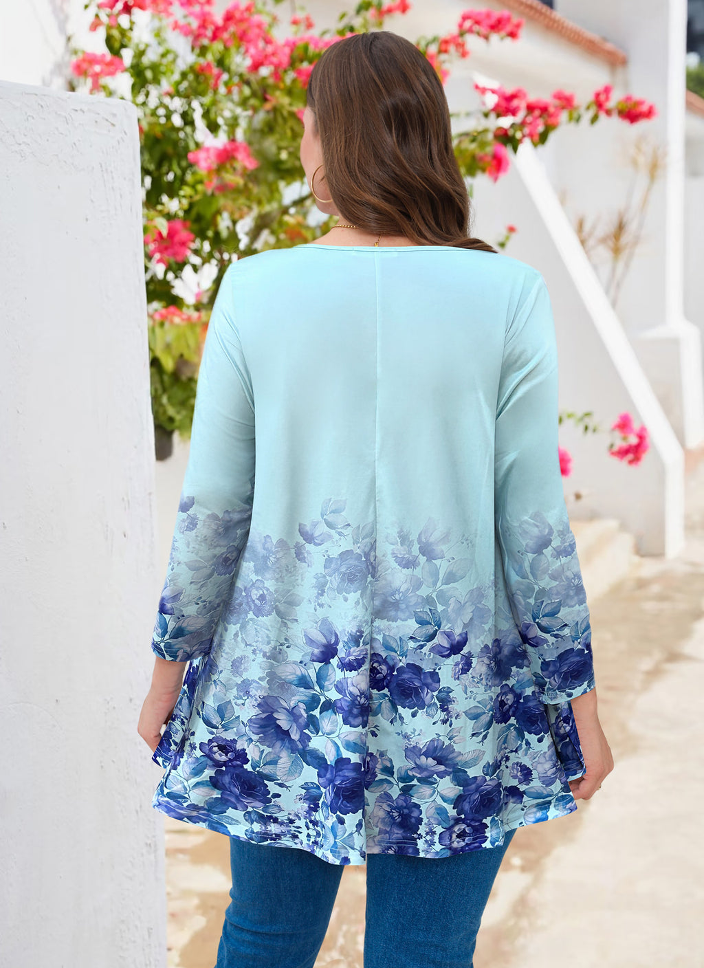 Tunic Tops for Women Plus Size 3/4 Sleeve Crew Neck Swing Flare Loose T-Shirt Blouses to Wear with Leggings