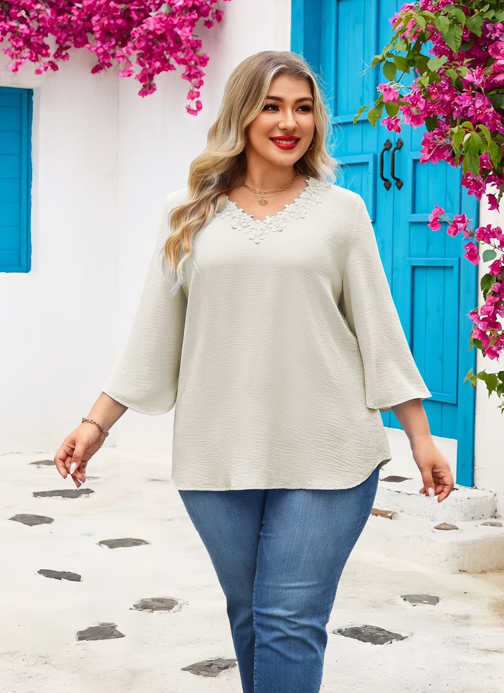 Women's Plus Size Tunic Top | 3/4 Sleeve V-Neck Floral Lace Trim Blouse | XL–6XL