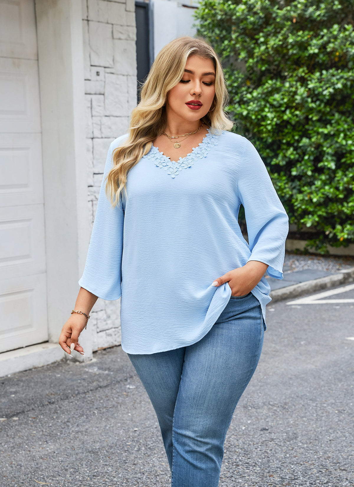 Womens Plus Size Blouses Dressy Casual 3/4 Sleeve Elegant V Neck Floral Trim Ladies Tunics Tops