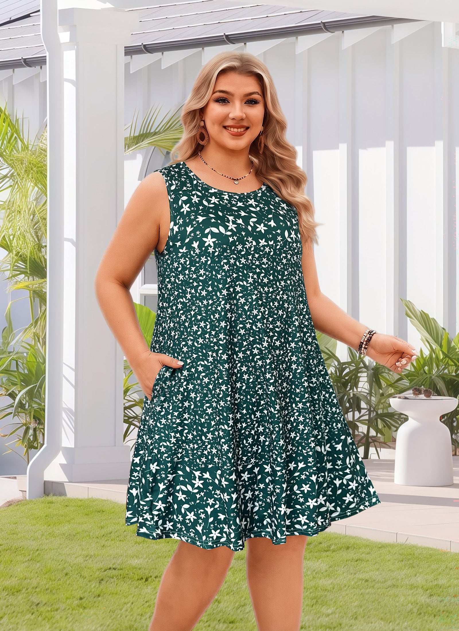 Women's Ditsy Floral Sleeveless Tank Dress with Pockets – Casual Loose Fit, Plus Size, Green