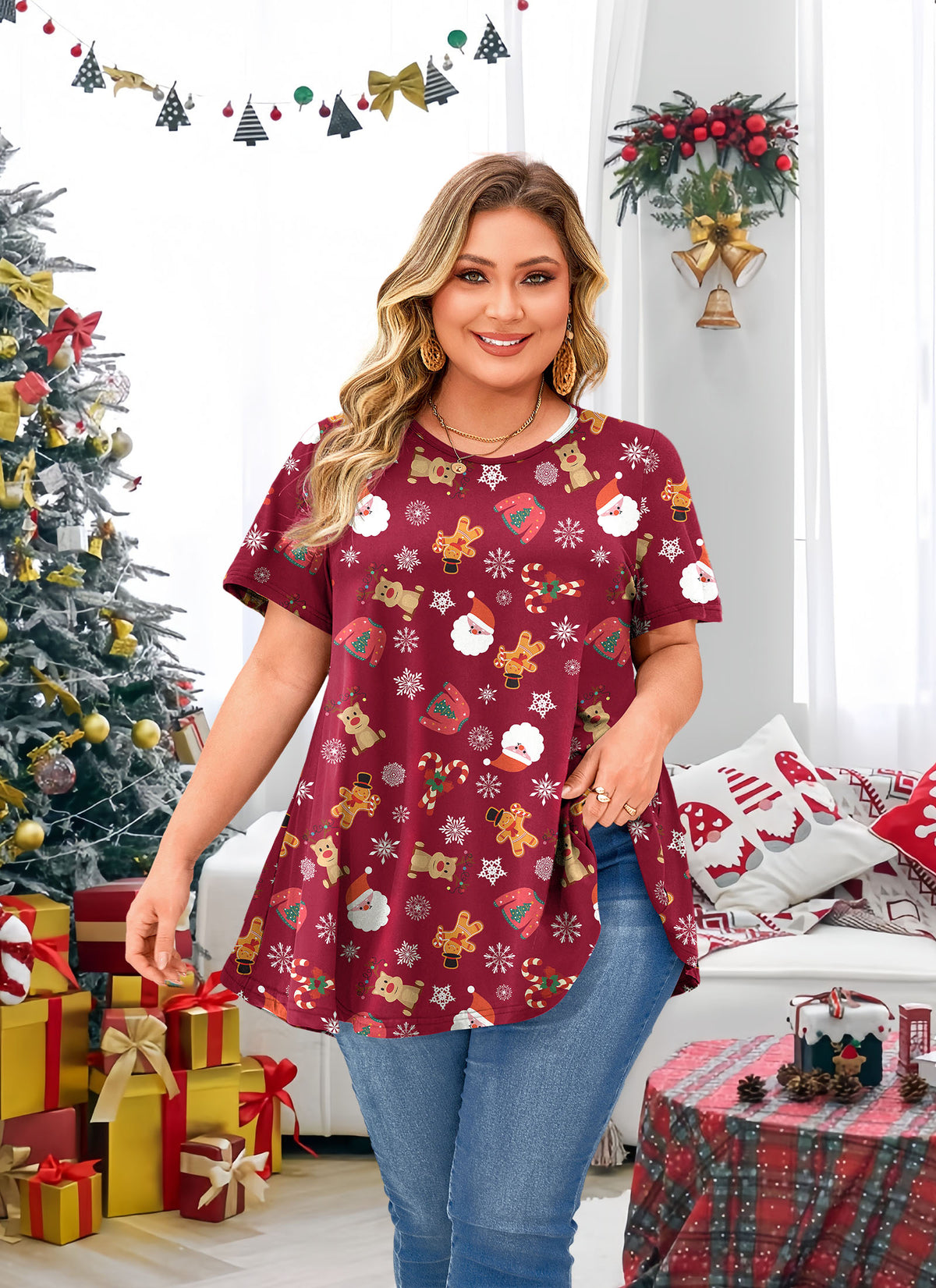 Tunic Tops for Women Plus Size Short Sleeve Crew Neck Swing Flare Loose T-Shirt Blouses to Wear with Leggings