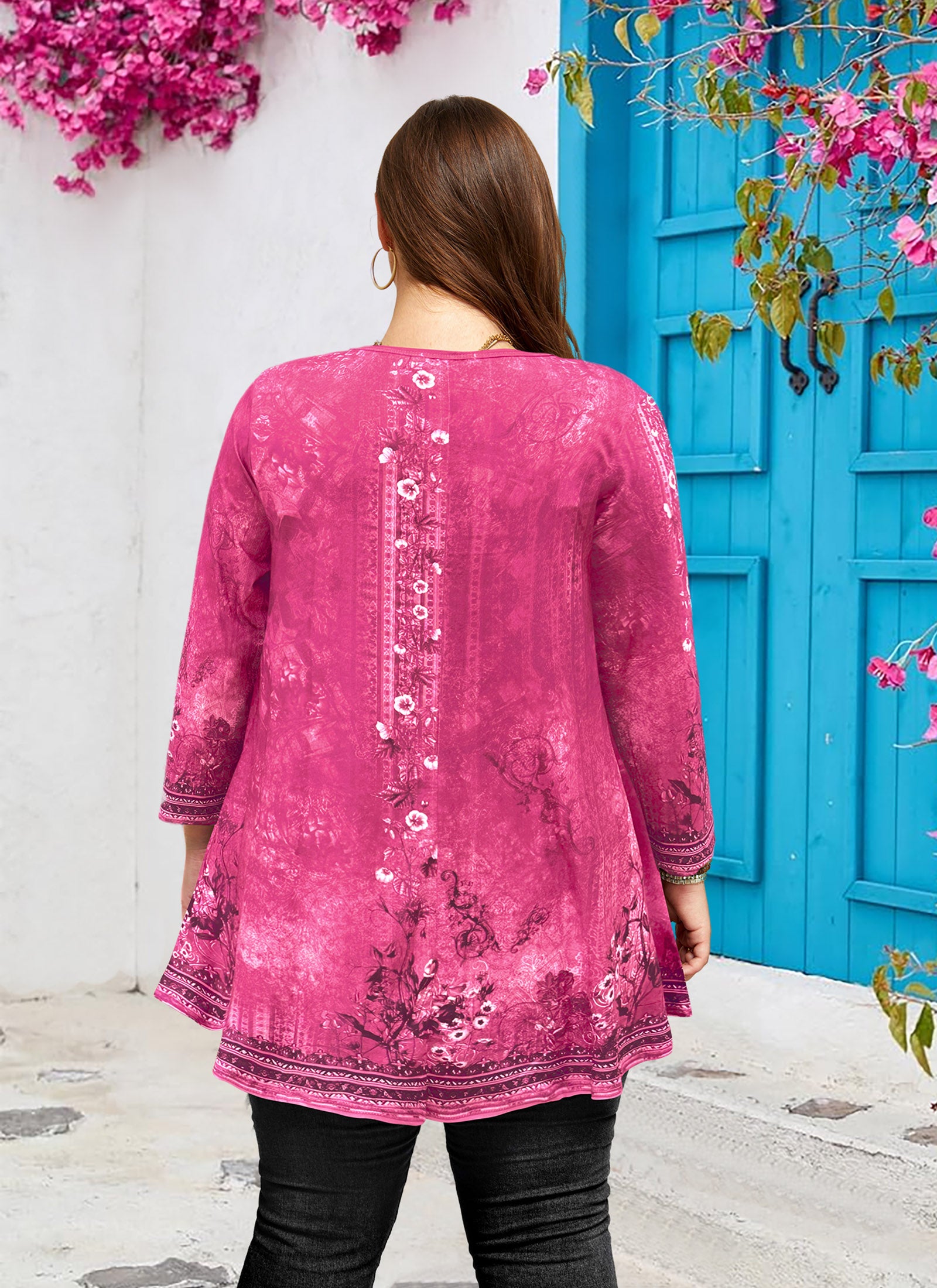 Womens Tunic 3/4 Sleeve Plus Size Tops Crew Neck Swing Flowy Loose Fit T-Shirt Blouses to Wear with Leggings