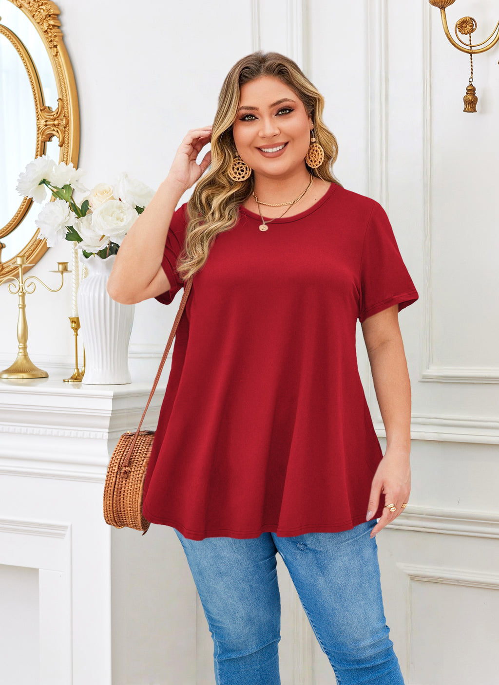 Tunic Tops for Women Plus Size Short Sleeve Crew Neck Swing Flare Loose T-Shirt Blouses to Wear with Leggings