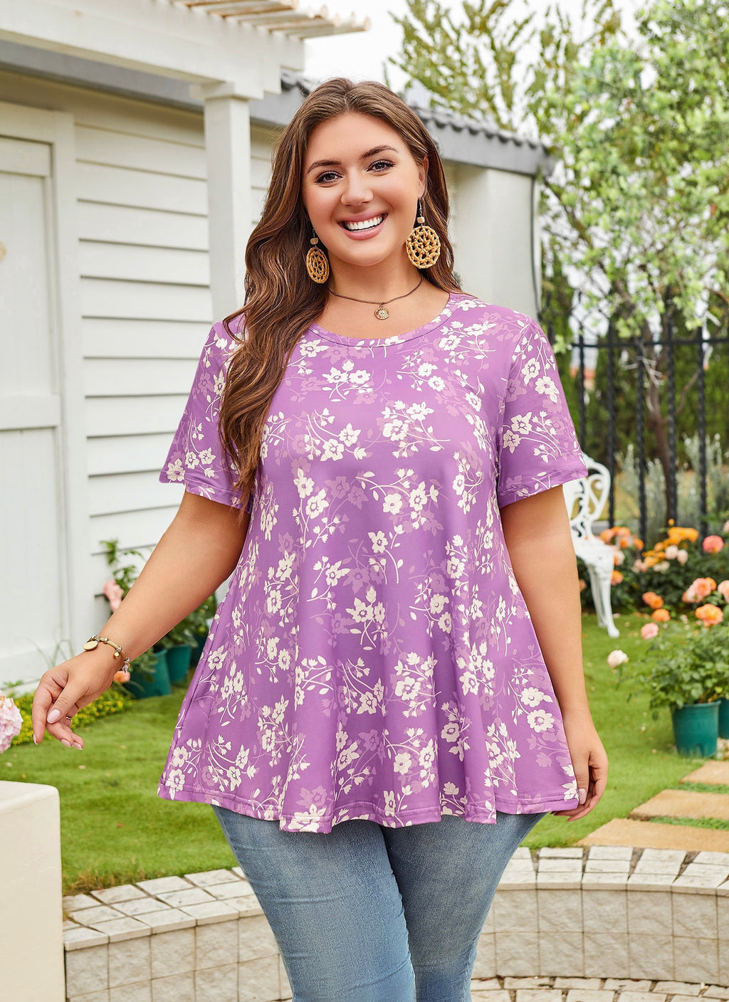 Womens Plus Size Tops Short Sleeve Swing Flare Flowy Tunic Loose Fit Summer Casual Blouses to Wear with Leggings