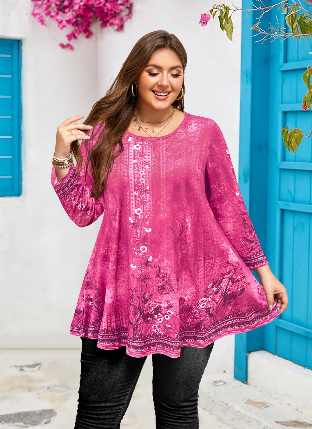 Womens Tunic 3/4 Sleeve Plus Size Tops Crew Neck Swing Flowy Loose Fit T-Shirt Blouses to Wear with Leggings