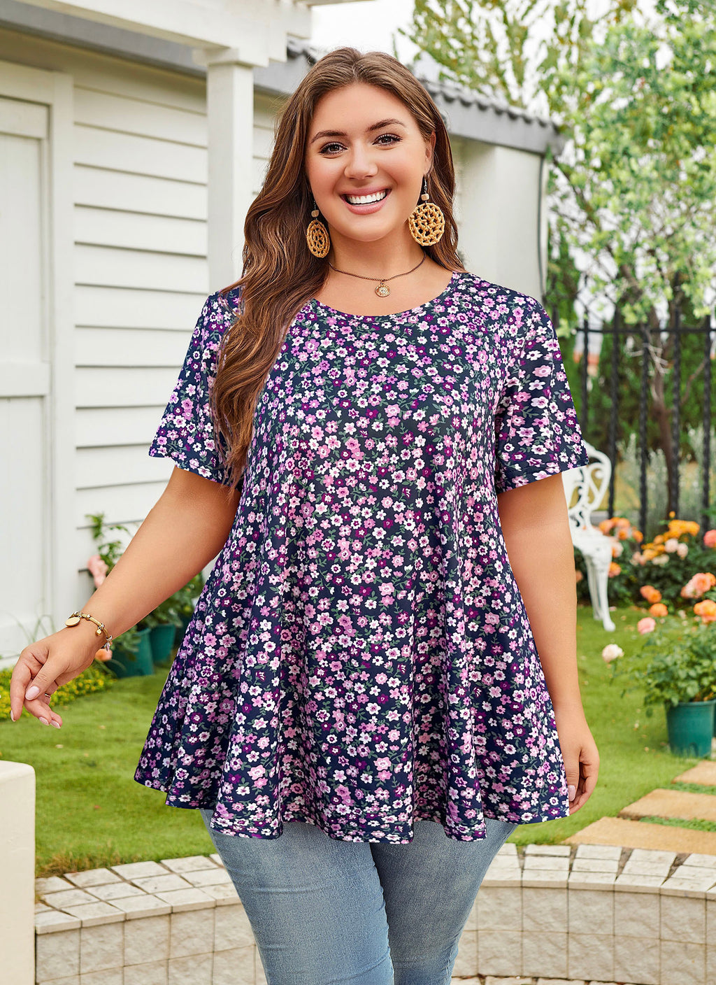 Womens Plus Size Tops Short Sleeve Swing Flare Flowy Tunic Loose Fit Summer Casual Blouses to Wear with Leggings