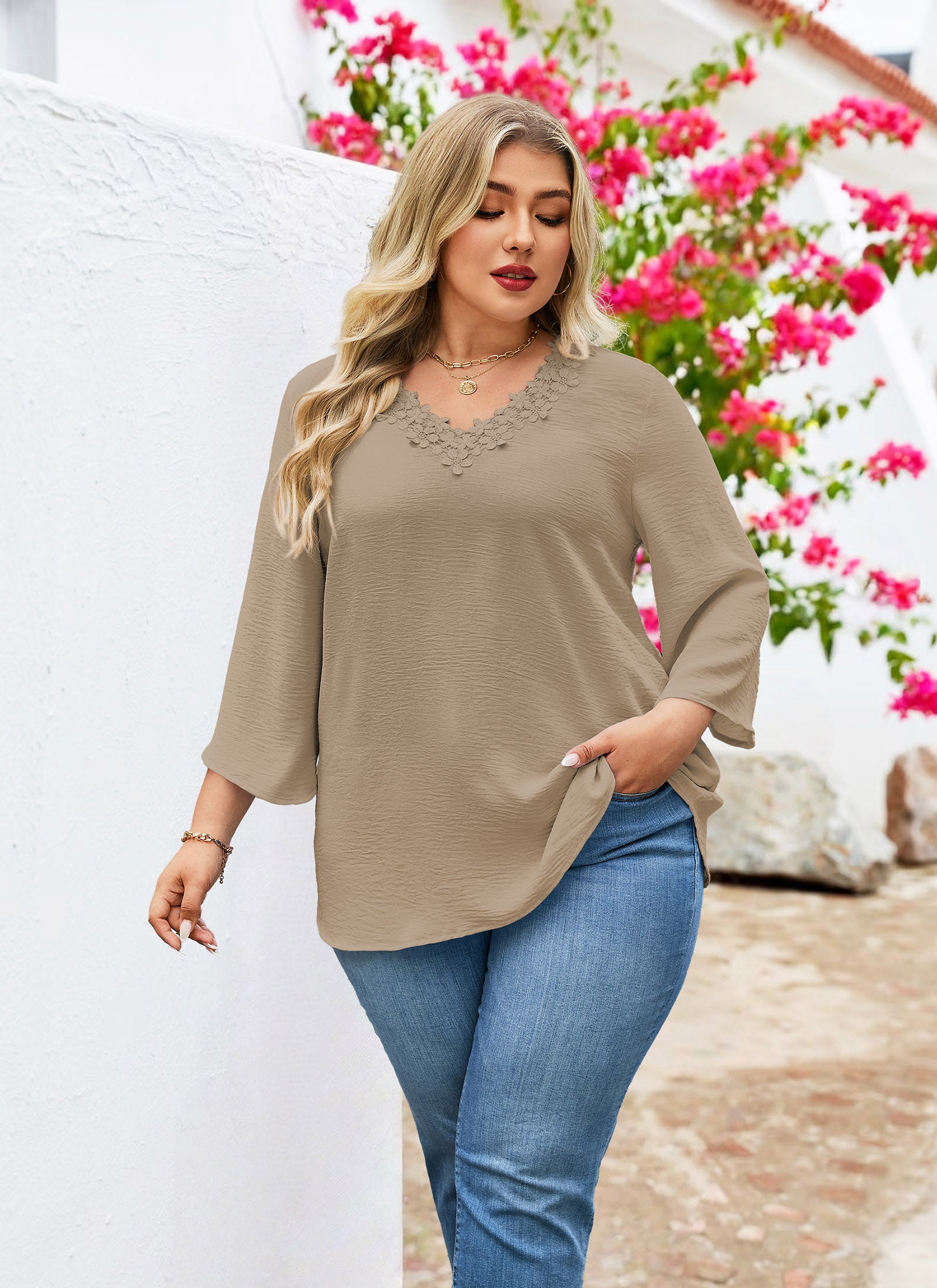 Womens Plus Size Blouses Dressy Casual 3/4 Sleeve Elegant V Neck Floral Trim Ladies Tunics Tops