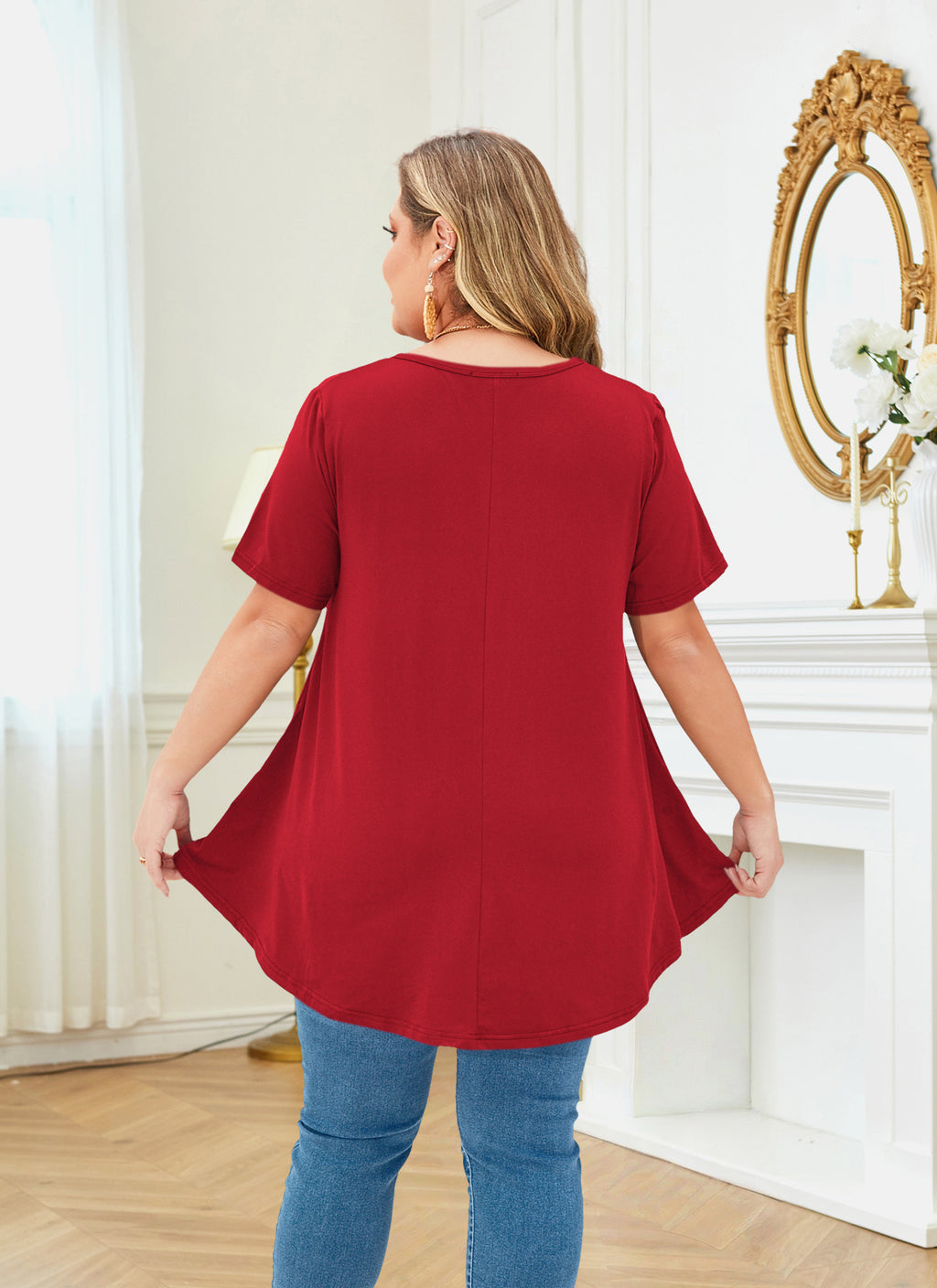 Tunic Tops for Women Plus Size Short Sleeve Crew Neck Swing Flare Loose T-Shirt Blouses to Wear with Leggings