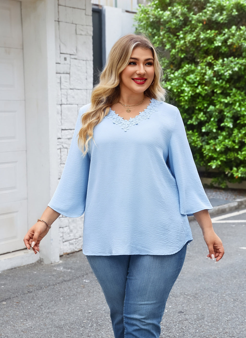 Womens Plus Size Blouses Dressy Casual 3/4 Sleeve Elegant V Neck Floral Trim Ladies Tunics Tops