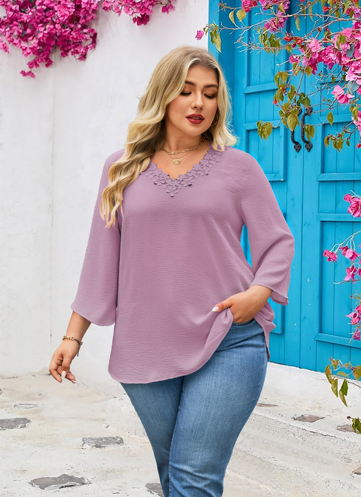 Womens Plus Size Blouses Dressy Casual 3/4 Sleeve Elegant V Neck Floral Trim Ladies Tunics Tops