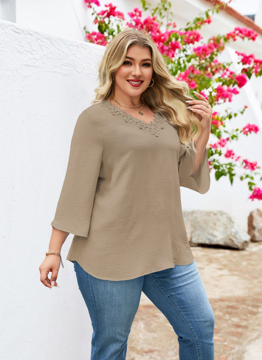 Womens Plus Size Blouses Dressy Casual 3/4 Sleeve Elegant V Neck Floral Trim Ladies Tunics Tops