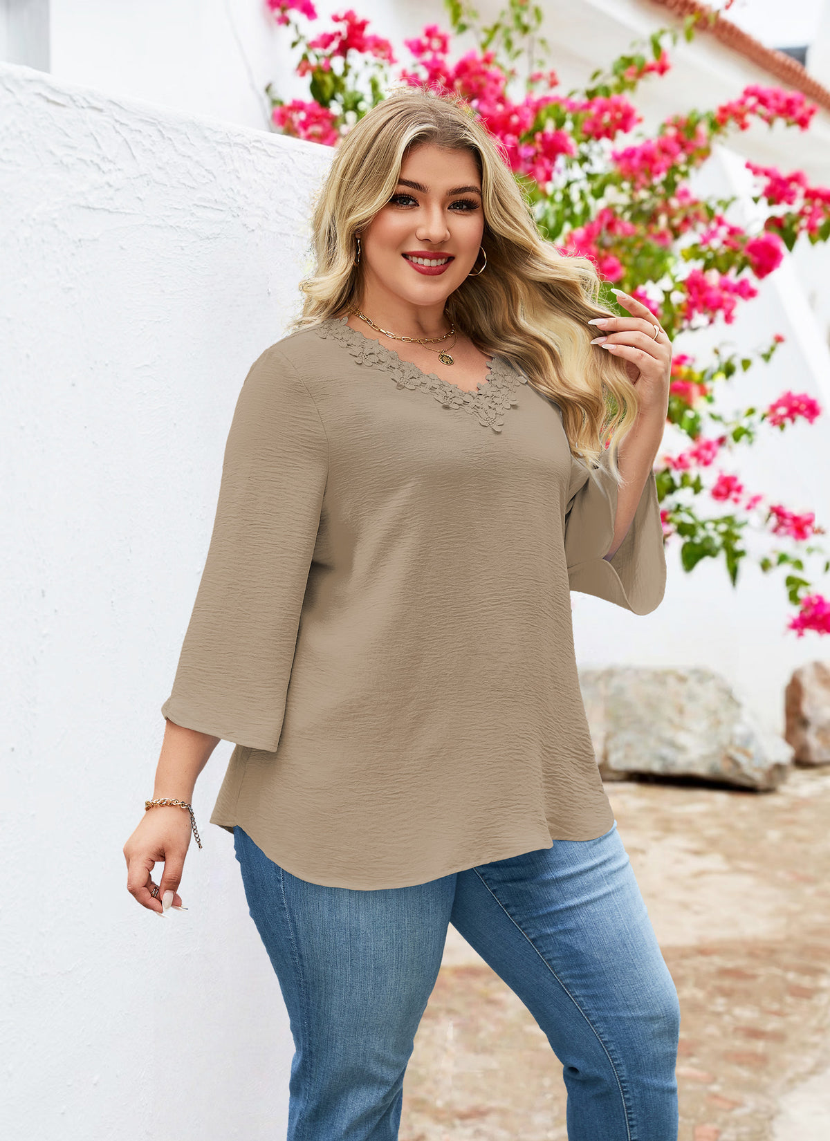 Womens Plus Size Blouses Dressy Casual 3/4 Sleeve Elegant V Neck Floral Trim Ladies Tunics Tops