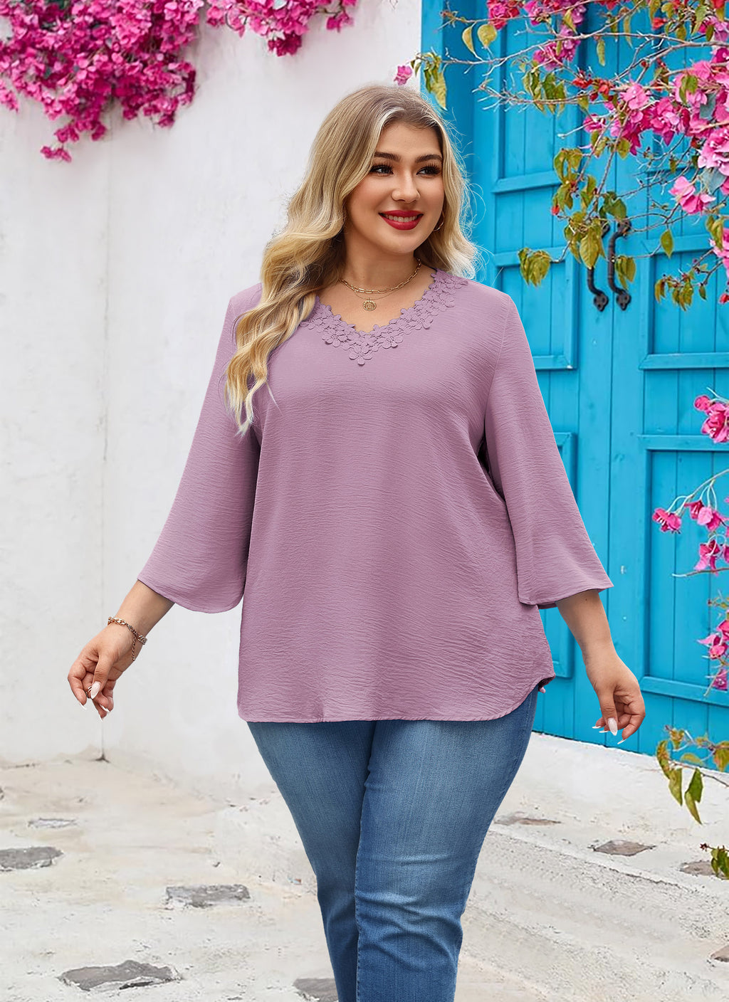Womens Plus Size Blouses Dressy Casual 3/4 Sleeve Elegant V Neck Floral Trim Ladies Tunics Tops