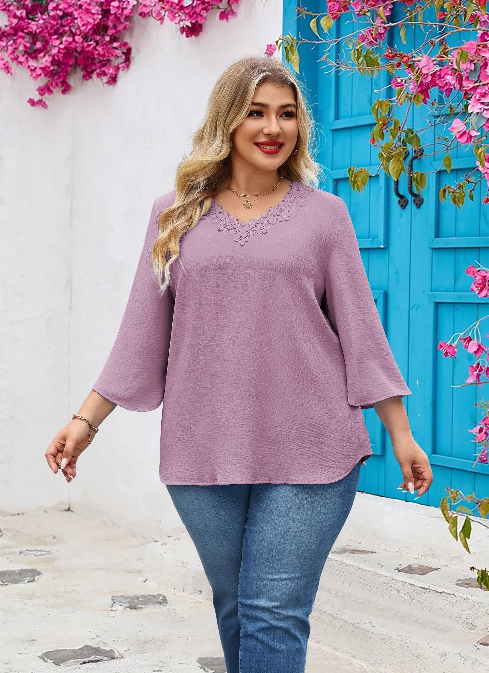 Womens Plus Size Blouses Dressy Casual 3/4 Sleeve Elegant V Neck Floral Trim Ladies Tunics Tops