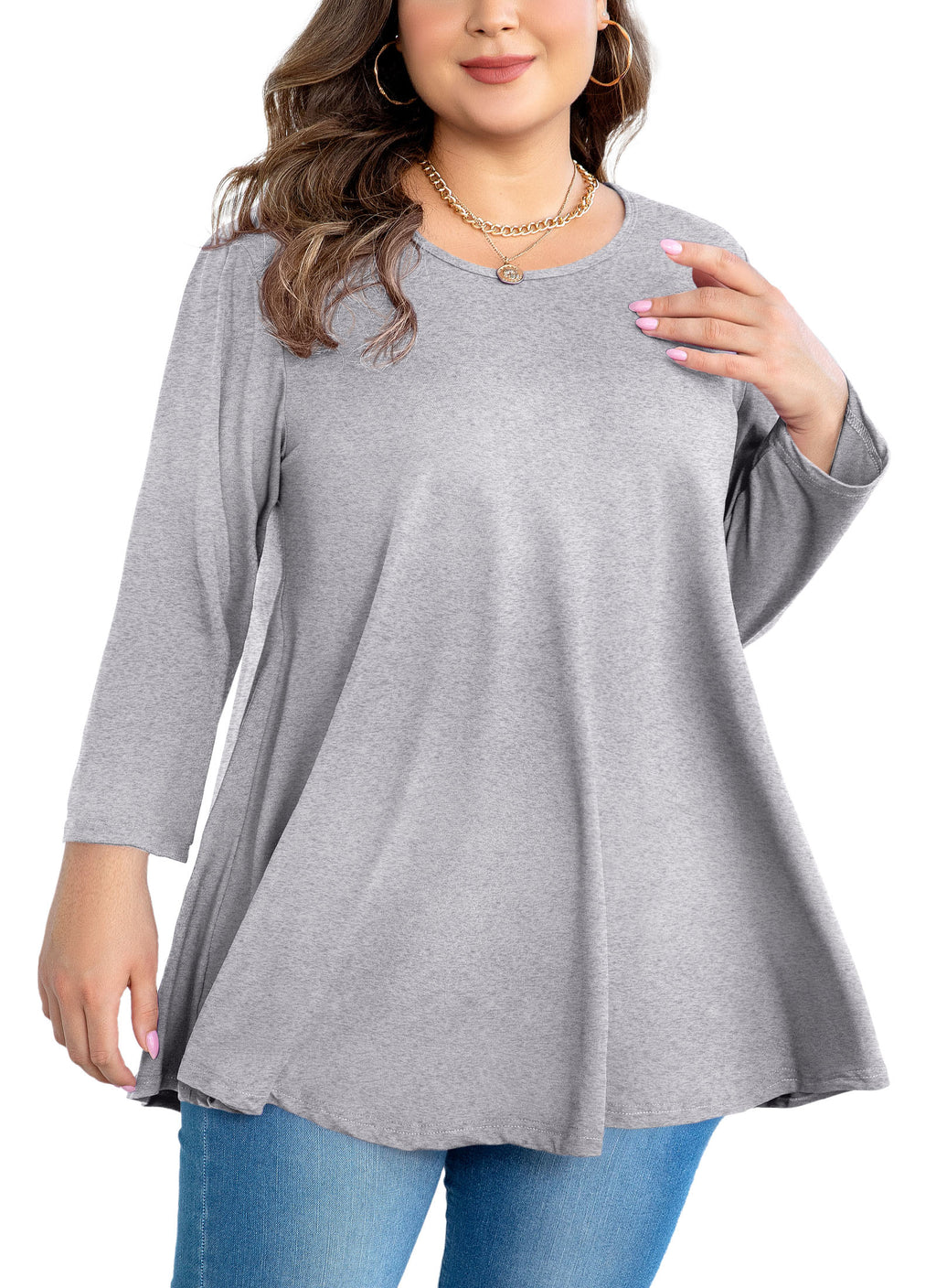 Tunic Tops for Women Plus Size 3/4 Sleeve Crew Neck Swing Flare Loose T-Shirt Blouses to Wear with Leggings