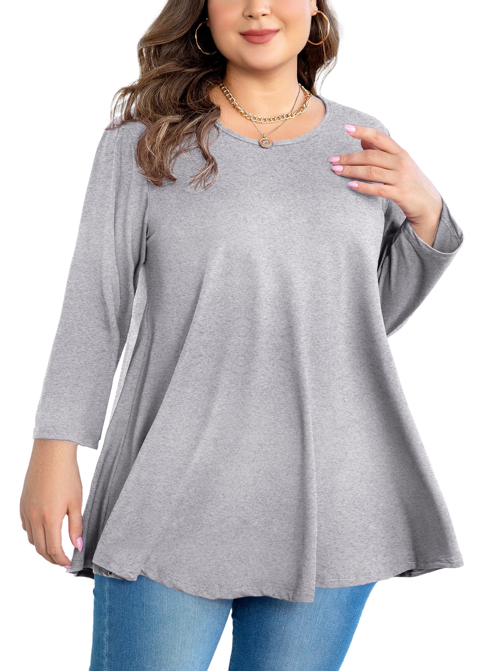 Tunic Tops for Women Plus Size 3/4 Sleeve Crew Neck Swing Flare Loose T-Shirt Blouses to Wear with Leggings