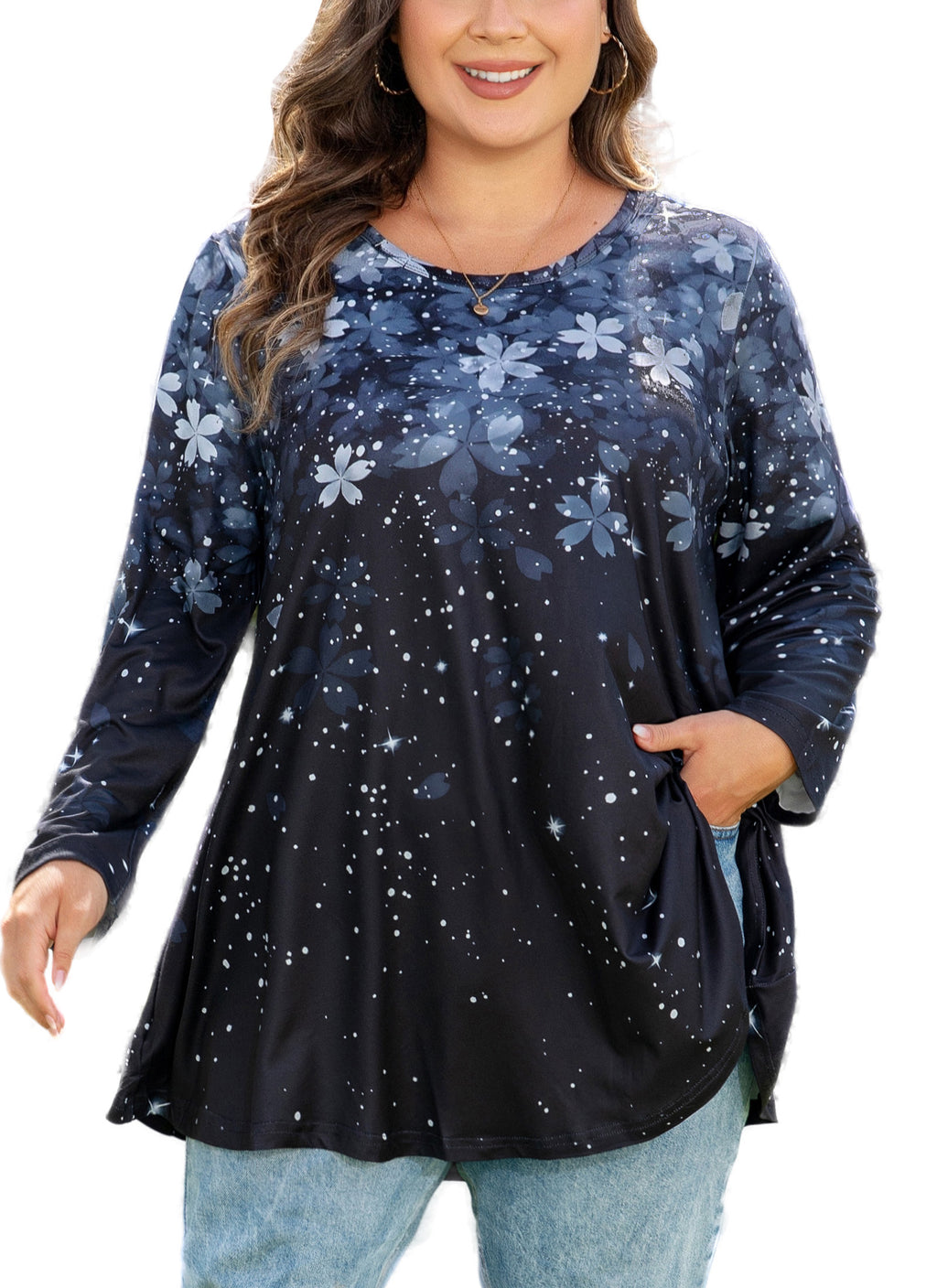 Womens Tunic 3/4 Sleeve Plus Size Tops Crew Neck Swing Flowy Loose Fit T-Shirt Blouses to Wear with Leggings