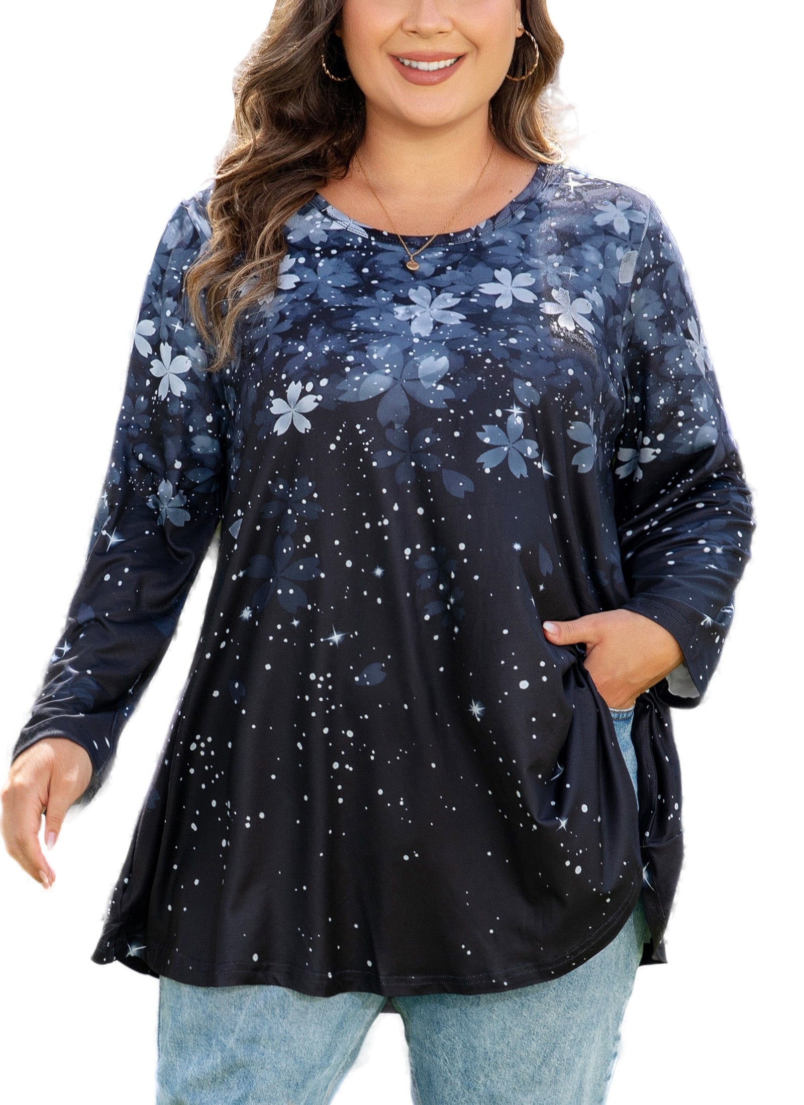 Womens Tunic 3/4 Sleeve Plus Size Tops Crew Neck Swing Flowy Loose Fit T-Shirt Blouses to Wear with Leggings