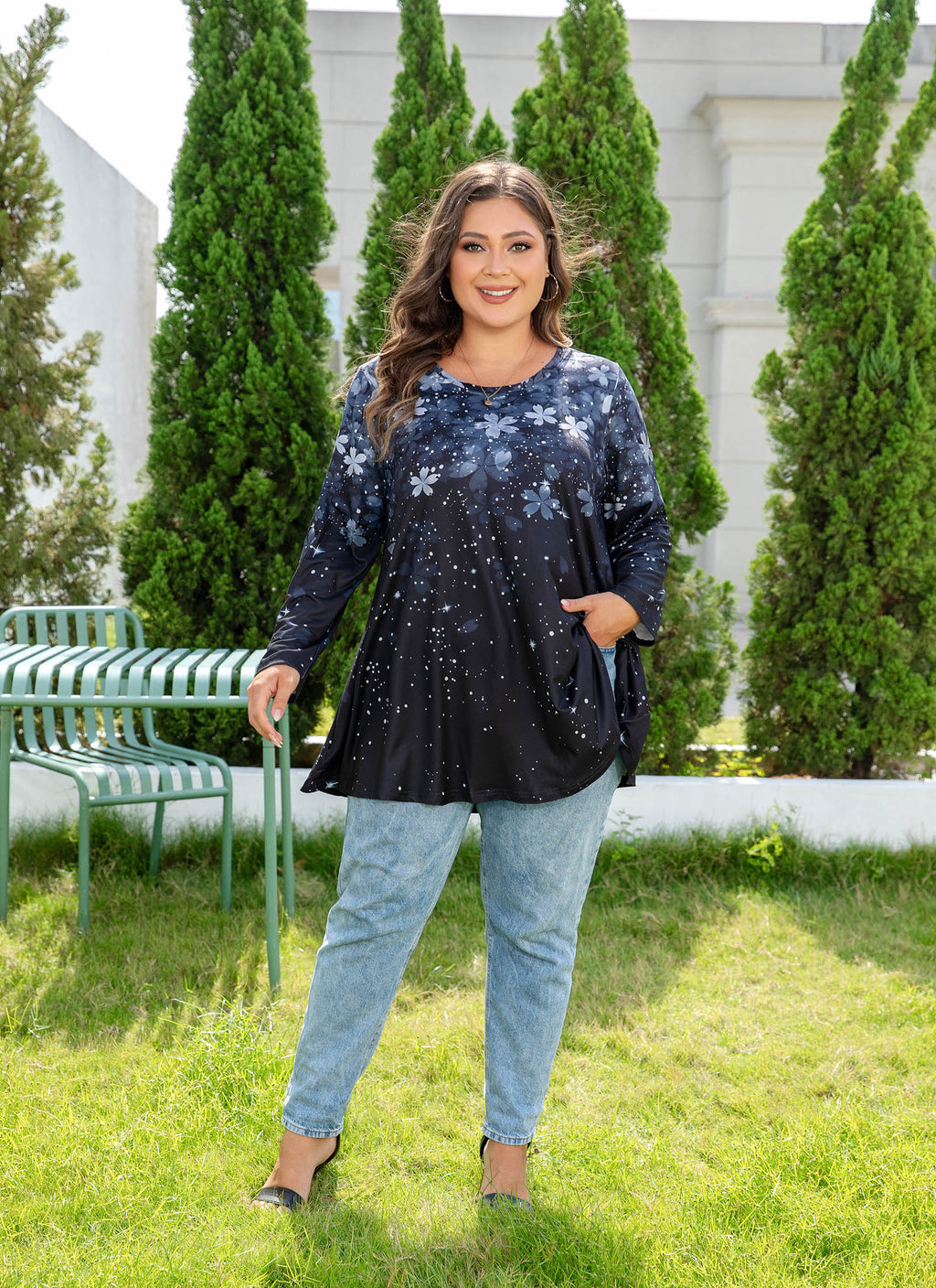 Womens Tunic 3/4 Sleeve Plus Size Tops Crew Neck Swing Flowy Loose Fit T-Shirt Blouses to Wear with Leggings