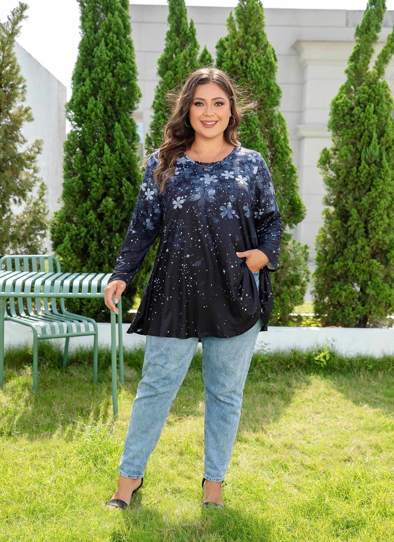Womens Tunic 3/4 Sleeve Plus Size Tops Crew Neck Swing Flowy Loose Fit T-Shirt Blouses to Wear with Leggings